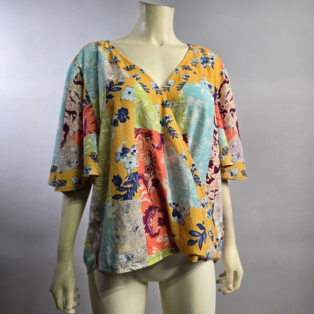 Umgee Green and Pink Graphic Wrap Blouse